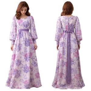 Vintage 60s Emma Domb Purple Floral Empire Waist Prom Bridesmaid Dress